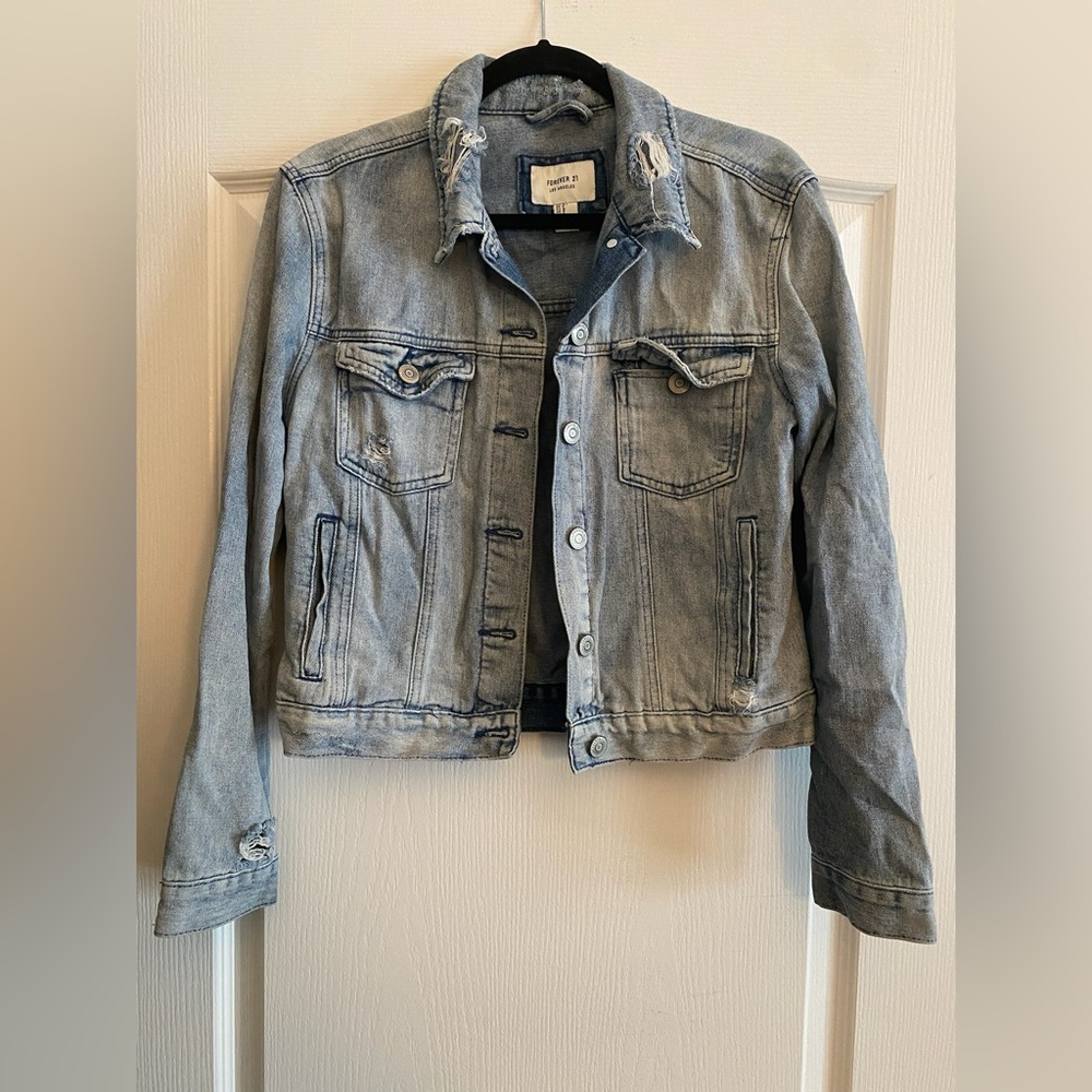 Forever 21 Blue Jean Jacket Cropped Distressed